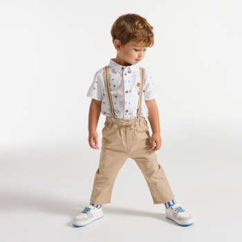 بنطال قطني بحمالات باللون البيج للأولاد الصغار